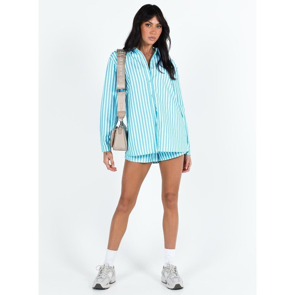 Nwt Princess Polly Chloe Light Blue Striped Button-Down Shirt Womens Size 6